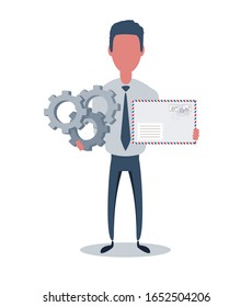 Businessman or clerk. Male character in trendy simple style with objects, flat vector illustration. Business concept. Isolated on white background.
