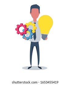 Businessman or clerk. Male character in trendy simple style with objects, flat vector illustration. Business concept. Isolated on white background.