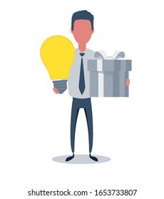Businessman or clerk. Male character in trendy simple style with objects, flat vector illustration. Business concept. Isolated on white background.