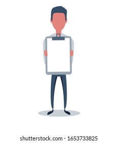 Businessman or clerk. Male character in trendy simple style with objects, flat vector illustration. Business concept. Isolated on white background.