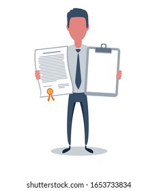 Businessman or clerk. Male character in trendy simple style with objects, flat vector illustration. Business concept. Isolated on white background.