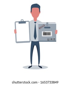 Businessman or clerk. Male character in trendy simple style with objects, flat vector illustration. Business concept. Isolated on white background.