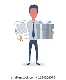 Businessman or clerk. Male character in trendy simple style with objects, flat vector illustration. Business concept. Isolated on white background.