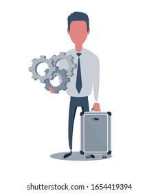 Businessman or clerk. Male character in trendy simple style with objects, flat vector illustration. Business concept. Isolated on white background.