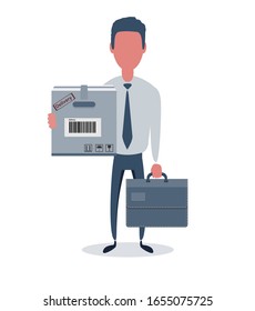 Businessman or clerk. Male character in trendy simple style with objects, flat vector illustration. Business concept. Isolated on white background.