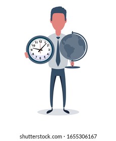 Businessman or clerk. Male character in trendy simple style with objects, flat vector illustration. Business concept. Isolated on white background.