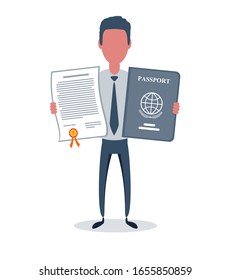 Businessman or clerk. Male character in trendy simple style with objects, flat vector illustration. Business concept. Isolated on white background.