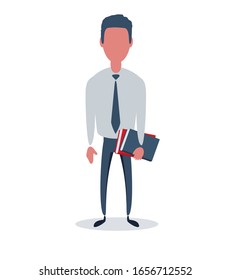 Businessman or clerk. Male character in trendy simple style with objects, flat vector illustration. Business concept. Isolated on white background.