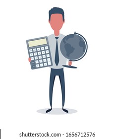 Businessman or clerk. Male character in trendy simple style with objects, flat vector illustration. Business concept. Isolated on white background.