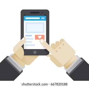 Businessman click love or like social network button holding mobile phone. Idea - New chat messages, article feedback appreciations, social networking in modern business negotiations.