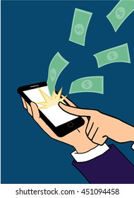 Businessman click on screen for work with mobile phone and make money a lot concept vector.