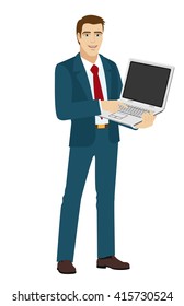 The businessman clicks on the button. Businessman holding laptop notebook. Vector illustration.
