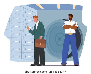 Empresário cliente poupança títulos, dinheiro para investimento no banco seguro sob proteção vetor ilustração. Empresário visitando caixa de depósito blindado bancário para cena de desenho animado de observação financeira