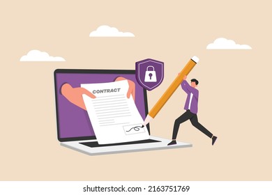 Businessman with client using pen to sign agreement contract online on laptop. Business Agreement Concept. Colored flat graphic vector illustration.