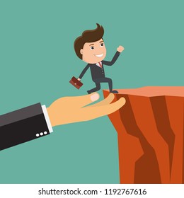 Businessman up the cliff with a hand support.Business Partnership And Support.Vector illustration.