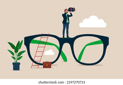 Businessman Climb Up Big Eyeglasses See Vision On Binoculars. Clear Business Vision, Discover Way To Success Or Looking For Business Opportunity. Vector Illustration.