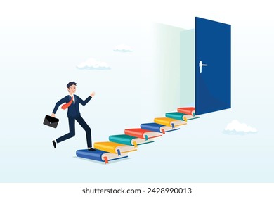 Empresario sube la escalera de la pila de libros para llegar a la puerta de la oportunidad, la educación o el aprendizaje para nuevas oportunidades, la sabiduría o el conocimiento para abrir la puerta al éxito, la solución, el crecimiento o el aprendizaje de la carrera (Vector)
