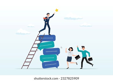 Businessman climb up conversation bubble to reach star, communication for success, effective meeting or discussion to get solution and achieve target, meeting or conversation to reach goal (Vector)