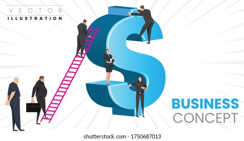 Businessman climb a dollar sign. Someone is reached and sitting over there. Business concept business vector illustration drawing