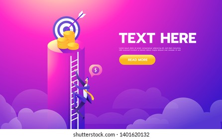 Businessman Climb Dollar Stair To Money And Target Goal For Success. Illustration For Wallpaper, Banner, Illustration, And Web Landing Page