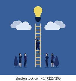 Businessman climb ladder to cloud and reach idea bulb metaphor of get idea. Illustration For Wallpaper, Banner, Background, Book Illustration, And Web Landing Page.