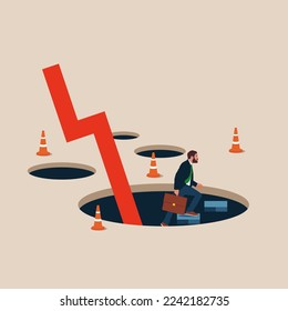 Businessman climb up ladder from deep hole. Business to survive, economic recession. Flat modern vector illustration.