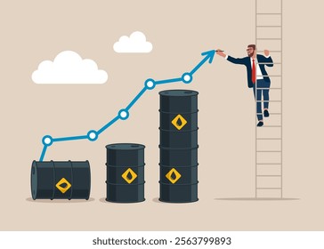 Businessman climb up ladder to drawing rising up graph. Oil price rising up. Modern flat vector illustration.