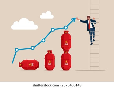 Businessman climb up ladder to drawing rising up graph. Natural gas price rising up. Sale of natural gas and fuels. Modern flat vector illustration.