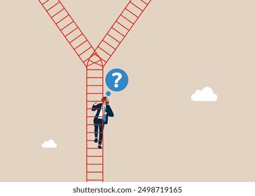 Businessman climb up ladder and found crossroad to make decision. Determining the direction toward achieving targets. Flat vector illustration