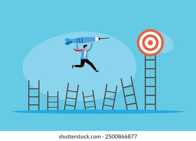 Businessman climb up ladder high into the sky to aiming for perfect bullseye target dartboard 2d flat vector illustrations