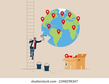 Businessman climb up ladder holding paint roller and painting world map and new branch pin across globe. Global business expansion, open company branches. Flat vector illustration.