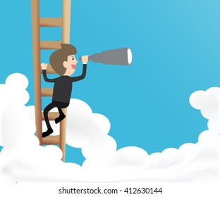 businessman climb ladder into sky and use telescope looking for something concept of success