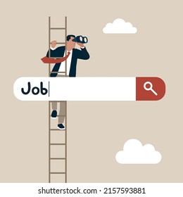 Businessman climb up ladder of job search bar with binoculars to see opportunity. Looking for new job, employment, career or job search, seek for vacancy or work position.