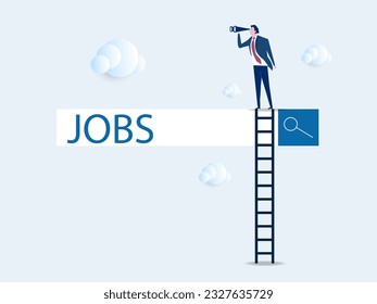 businessman climb up ladder of job search bar with binoculars to see opportunity. Looking for new job, employment, career or job search, find opportunity, seek for vacancy or work position concept.