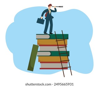 businessman climb up ladder on books stacks for good business opportunity