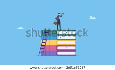 Businessman climb up ladder on books stack for good vision. Symbolizes knowledge or education for future job, business skills for career opportunity, personal improvement and reading list.