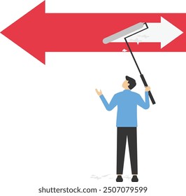 Businessman climb up ladder to paint a arrow сhange to opposite direction. Decision to change to better opportunity. Vector illustration

