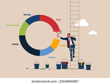 Businessman climb up ladder to paint a center of expense and spending pie chart. Flat modern vector illustration. 