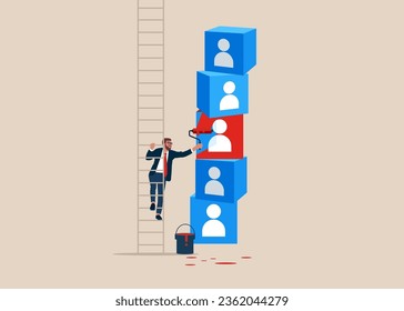 Businessman climb up ladder to paint a symbol cubes employee recruitment or customer. Flat modern vector illustration. 