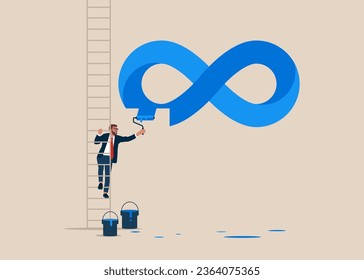 Businessman climb up ladder to paint a symbol never ending infinity loopt. Flat modern vector illustration. 