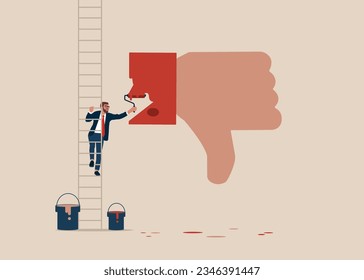 Businessman climb up ladder to paint a thumb down. Demotivation from failure, mistake or negative feedback, no passion. Vector illustration