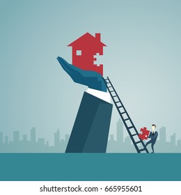 Businessman Climb Up Ladder Stairs To Build House, Business Man Finance Success Concept Flat Vector Illustration