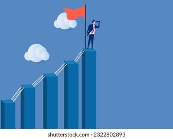 businessman climb up ladder step by step on graph to achieve goal. Step to grow business, ladder of success, progress, improvement or development to achieve goal, growth journey, career path concept.