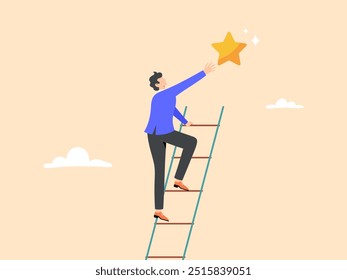 Businessman climb up the ladder of success to reach star target