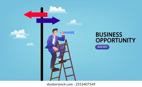 Businessman climb up ladder with telescope. Business opportunity or investment and market prediction, future growth or career development vision, profit and earning forecast concept. 