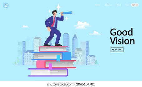 un hombre de negocios sube a la pila de libros. Capacidades empresariales para oportunidades profesionales, conocimientos o educación para futuros empleos. hombre mirando un plan de negocios usando un gran telescopio en un montón de libros. vector