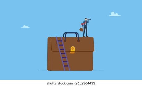 Empresário subir na pasta ver através do telescópio. Símbolo de ambição de encontrar oportunidade de trabalho, futuro de carreira, esperança de sucesso no trabalho ou busca por carreira, promoção de emprego ou estratégia de negócios