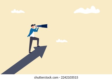 Businessman climb up rising arrow with big telescope. concept of opportunity, investment, future growth or career development vision, profit and earning forecast.