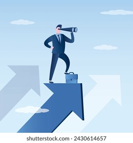 Businessman climb up rising arrow with big binoculars. Earnings forecast concept. Business opportunity or investment and market prediction. Future growth stock market or career development vision. 