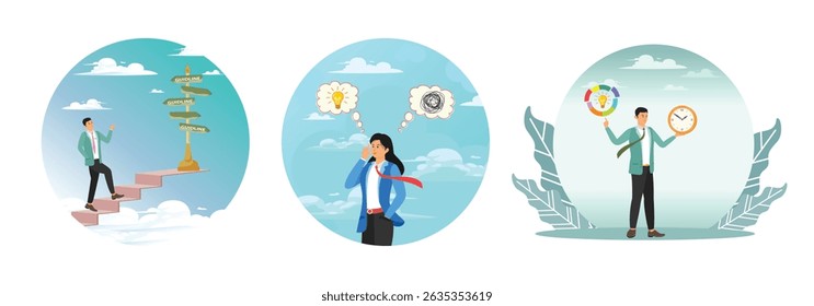 Businessman climb up stair to see opportunity sign. Businesswoman thinking with mess problem and light bulb idea. Businessman holding time clock with pie chart routine.